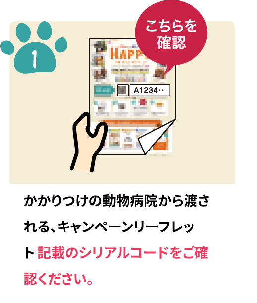 かかりつけの動物病院から渡される、キャンペーンリーフレット記載のシリアルコードをご確認ください。